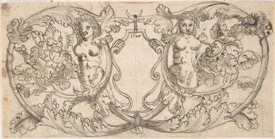 Design for a Cartouche with Acanthus Scrolls from which Female Figures Emerge