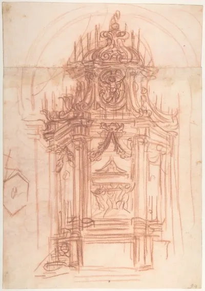 Design for a Catafalque (recto); Female Saint Kneeling on Clouds under an Arch, and a Design for the Pinnacle of the Catafalque (verso)
