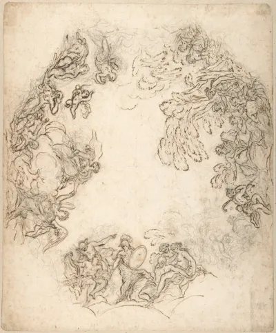 Design for a Ceiling Decoration: A Gathering of Mythological Figures (recto); Dancing Satyr and Two Seated Figures (verso)