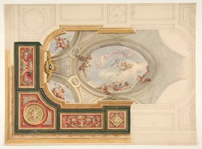 Design for a ceiling in Baroque style with a central panel in trompe l'oeil