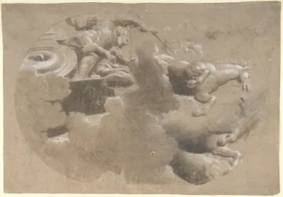 Design for a Ceiling:  Male Figure with a Trident and Another Figure in a Horse Drawn Chariot