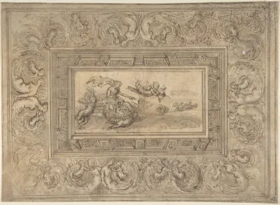 Design for a Ceiling with a Woman (Aurora?) in a Chariot and Putti (Recto). Design for an Ornamental Frieze (Verso).