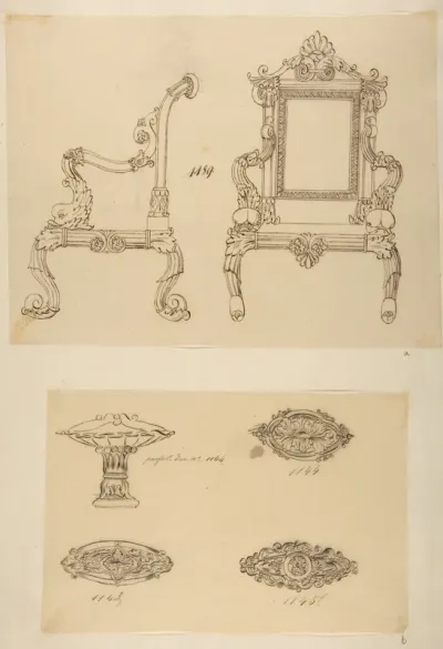 Design for a Chair and Three Designs for Ceiling Molding