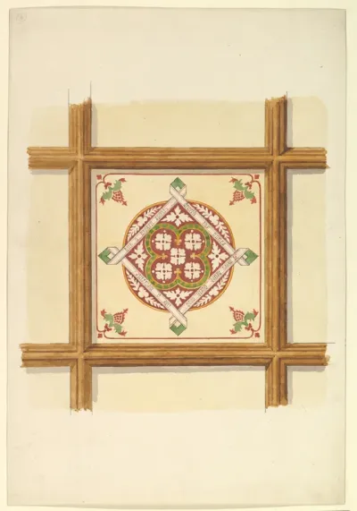 Design for a Coffered and Painted Ceiling in Rust and Olive Green, with a Quatrefoil Motif