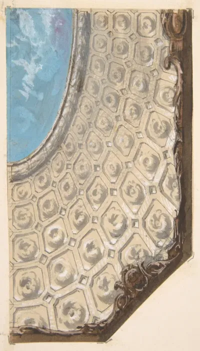 Design for a coffered ceiling with a central oval painted in clouds