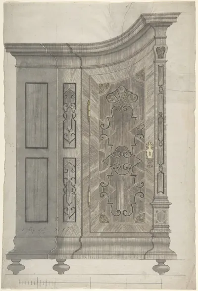 Design for a Concave Corner Cabinet (Possibly Part of a Larger Wall-Covering Unit)