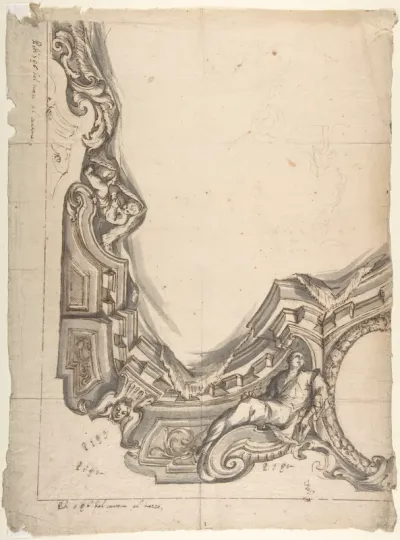 Design for a corner of a Painted Ceiling, Architectural "Cove" with a Seated Figure at the Bottom, and a Putto at the Side