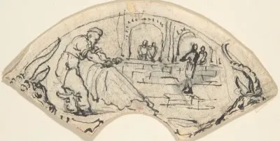 Design for a Cup(?) with a Man Putting up a Net