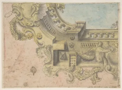 Design for a Decorated Ceiling with Putti and Garlands and a Forshortening of a Balustrade Around an Oculus