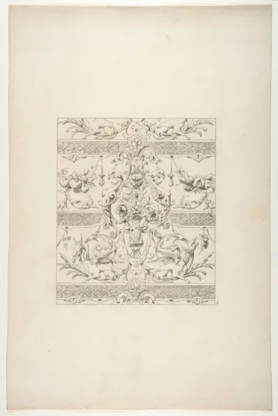 Design for a decorative motif featuring griffins and swags of fruit
