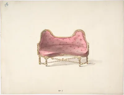 Design for a Double Hump-backed Sofa with Turned Legs and Arms, with Red Tufted Upholstery