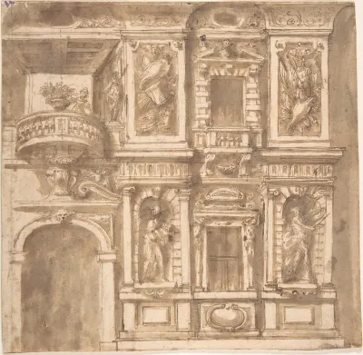 Design for a Façade with Statues in Niches and Armorial Trophies