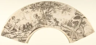 Design for a Fan: Scene of Cupids, and a Sleeping Lion in a Landscape