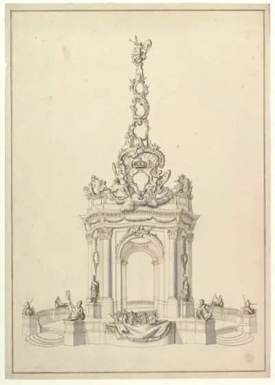 Design for a Festival Monument: Base Holds a Small Orchestra; Triumphal Arch Surmounted by a Cartouche-Decorated Pyramid with Figure of Fame, below, a Royal Crown