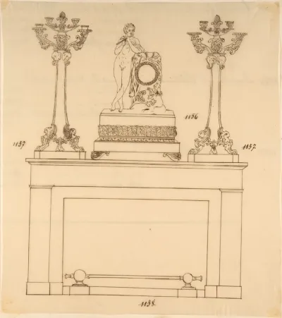 Design for a Fireplace Iron, Mantle Candlesticks and a Clock
