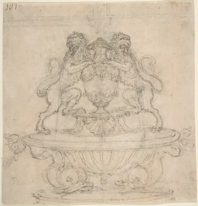 Design for a Fountain with Two Water-Spouting Lions (recto); Sketch for Triumph of Galatea [?] (verso)