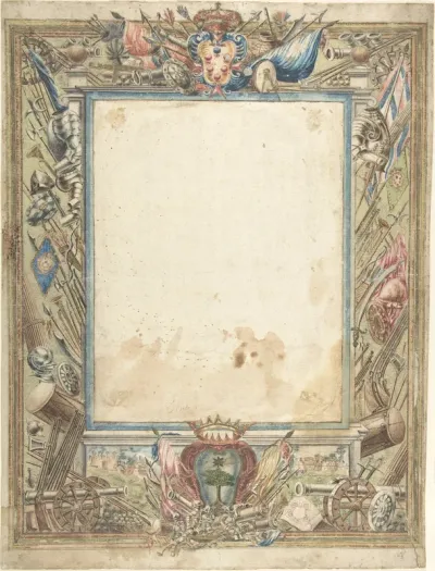 Design for a Frame with Armorial Trophies, the Medici Coat of Arms and a Second Coat of Arms, possibly of the Alberighi Family (?)