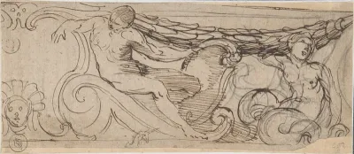 Design for a Frieze: A Nude Man, Sea Creature, a Garland and Volutes, Small Head of Unicorn