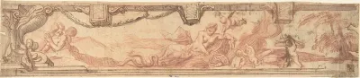 Design for a Frieze with a Coat of Arms with a Serpent and a Landscape Scene with Women and Children