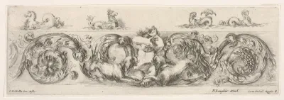 Design for a Frieze with Acanthus Scrolls and a Child flanked by Dogs in the Center, plate 8 from "Decorative friezes and foliage" (Ornamenti di fregi e fogliami)
