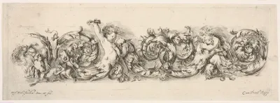 Design for a Frieze with Acanthus Scrolls and Playing Putti and Dogs, plate 12 from "Decorative friezes and foliage" (Ornamenti di fregi e fogliami)