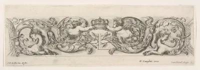 Design for a Frieze with Two Putti holding a crown over the letter 'L' (for Louis XIV?), plate 3 from "Decorative friezes and foliage" (Ornamenti di fregi e fogliami)