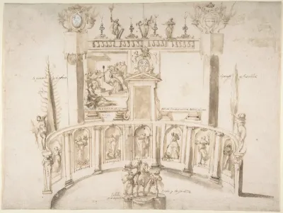 Design for a Garden Fête with a Semi-circular Wall and Statues in Niches.