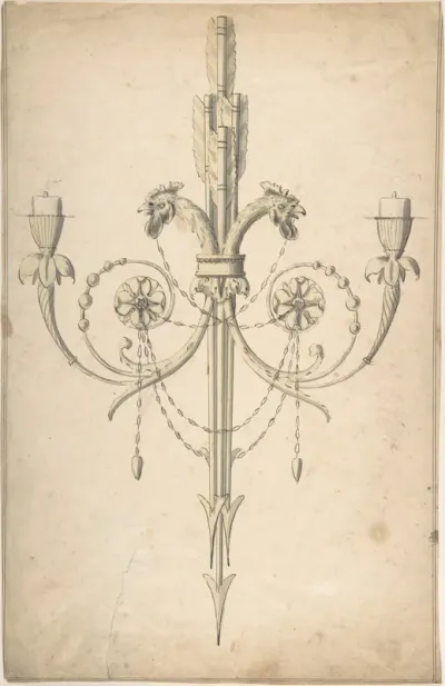 Design for a Girandole Composed of Three Clasping Arrows and Candle-branches Terminating in Cockerel Heads