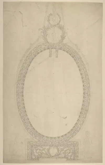 Design for a Girandole Mirror, an Oval Resting on an Oblong Base, Terminated by Two Superimposed Circular Frond-motifs, Topped with a Lion's Head from Which Hang Floral Swags and Pendants