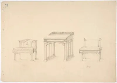 Design for a Gothic Desk and Two Low Chairs