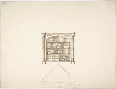 Design for a Gothic Style Corner Book Cabinet: Elevation and Plan