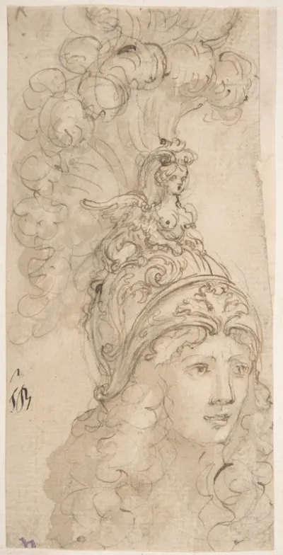 Design for a Helmet with a Sphinx presented in 3/4 View