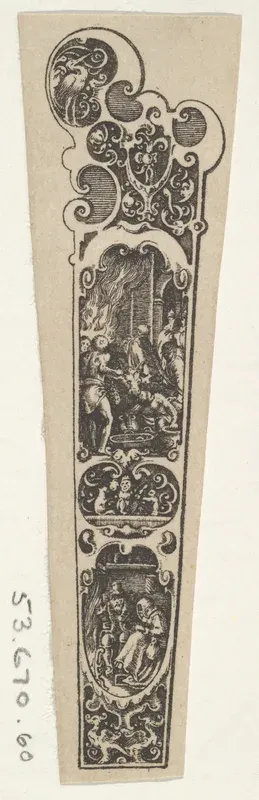 Design for a Knife Handle with a Couple Gathered Around a Fire at Bottom