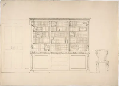 Design for a Large Bookcabinet, with a Door at Left and a Chair at Right
