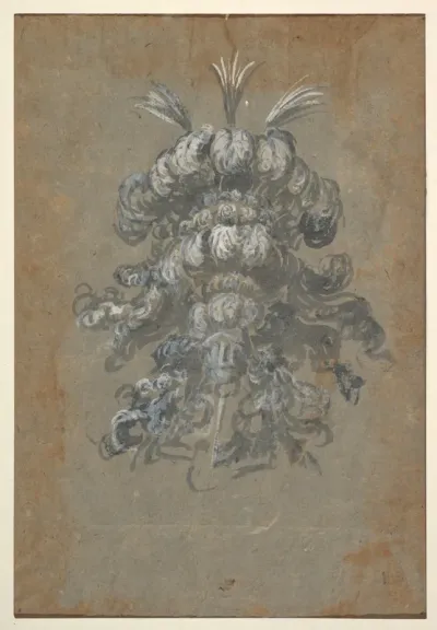 Design for a Lavish Headdress with Feathers on a Helmet (frontal view)