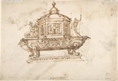 Design for a Liturgical Object with Statues of a Kneeling Saint and the Risen Christ (recto); Design for a Sepulcher (?) and Drawing of a Putto (verso)