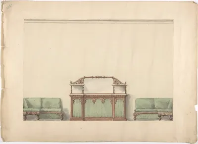 Design for a Mirrored, Marble-topped Cabinet and Two Sofas