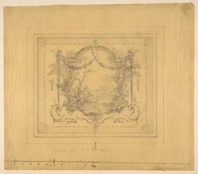Design for a panel painted with a pastoral scene and rococco motifs