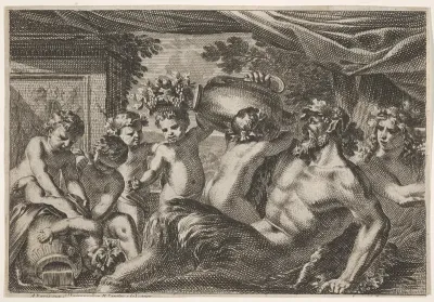 Design for a Panel with a Satyr Drinking from a Vase held up by a Putti, from "Feuillages et autres ornements"