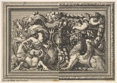 Design for a Panel with Two Variants containing a Hippocamp and a Griffin, from "Ornements de panneaux à la romaine"