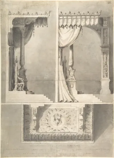 Design for a Papal Throne with Elevations and Sketch of Baldacchino Interior