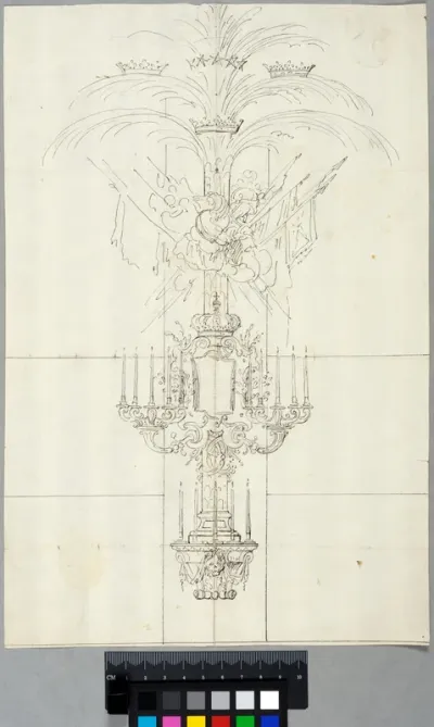 Design for a Pilaster Decoration for a Funeral Shaped Like a Palm with the Three Crowns and a Star Tiara, a Trophy, a Cartouche beneath a Royal Crown and Two Wall Lights