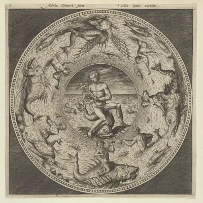 Design for a Plate with Arion Riding a Dolphin in a Medallion Bordered by Sea Monsters
