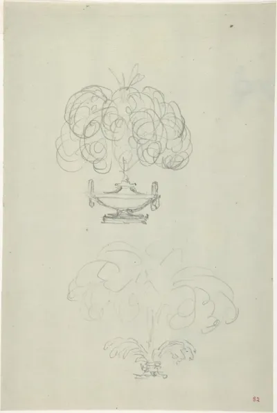 Design for a Plumed Oil Lamp (recto); Sketches for a vase and oil lamp (verso)