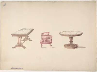 Design for a Rectangular and Round Marble-topped Tables and a Tête-à Tête Chair
