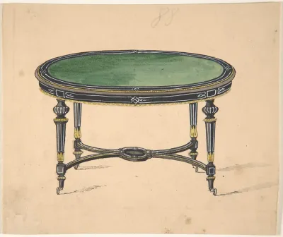 Design for a Round or Oval Table with a Green Top and Black and Gold Sides and Legs