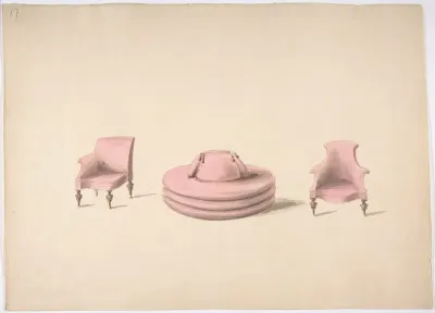 Design for a Round Pink Sofa and an Armchair and a One-armed Chair