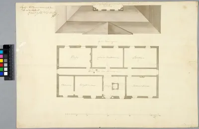 Design for a School Building in Karlstad. First floor plan and roof plan with the observatory