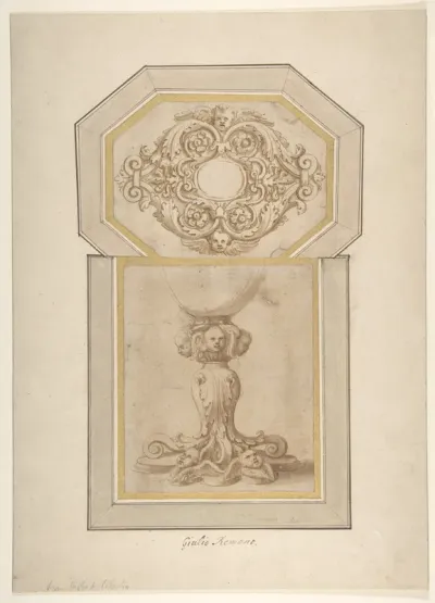 Design for a Sculptural Frame Decorated with Angel Heads, Volutes and Leaves (for a Ceiling ?); Design for a Base Decorated with Angel Heads, Volutes and Leaves