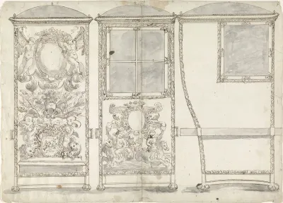 Design for a Sedan Chair, Viewed from the Back, the Front and the Right SIde
